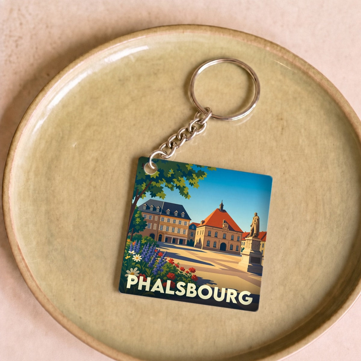 Porte-clés souvenir de la ville de Phalsbourg avec une illustration stylisée de sa place historique.