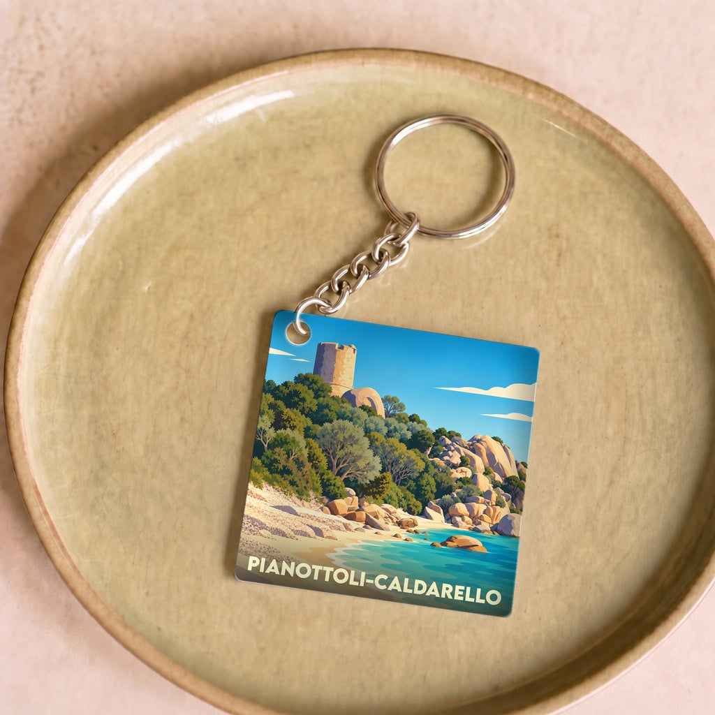 Porte-clés souvenir de la ville de Pianottoli-Caldarello avec une illustration stylisée de son littoral.