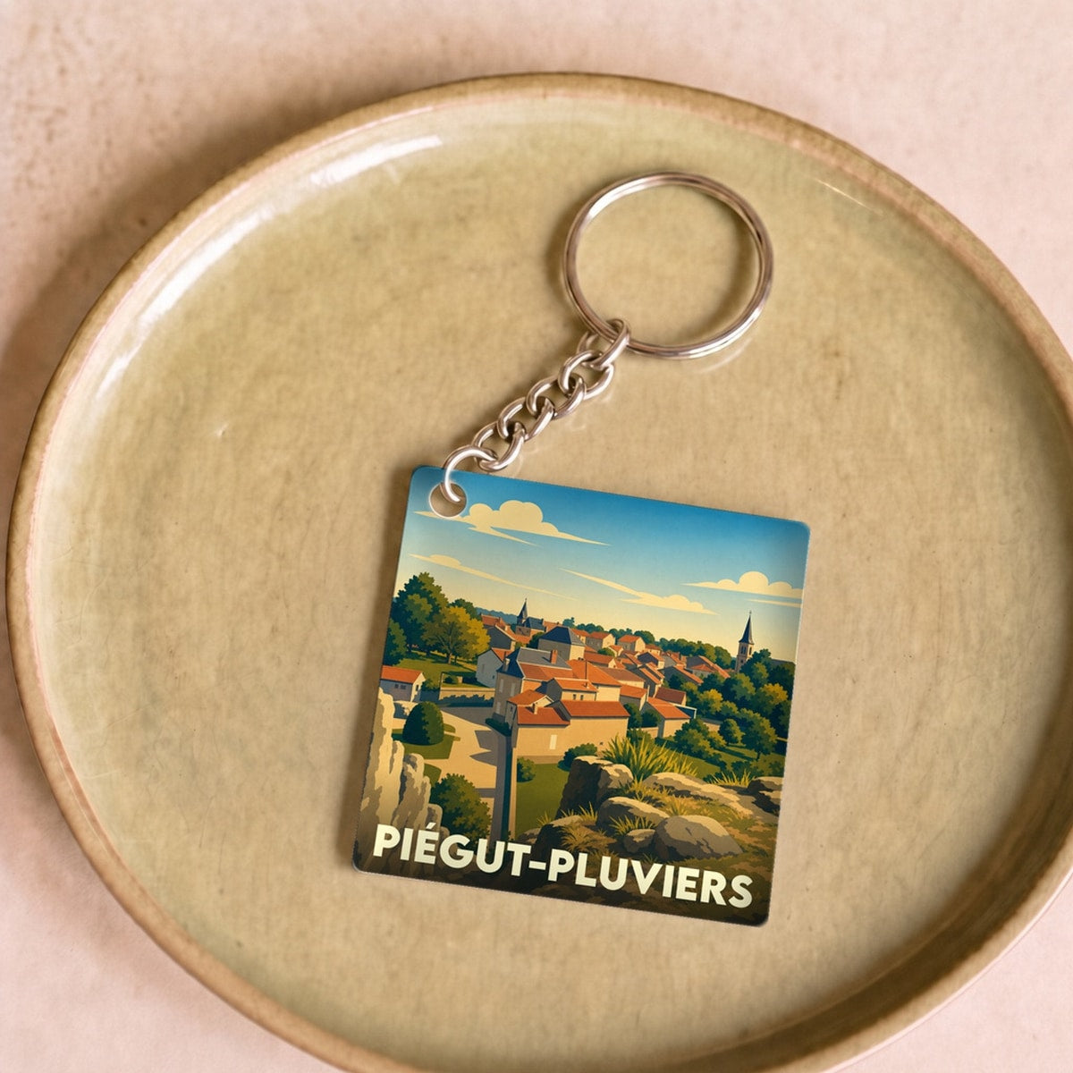 Porte-clés souvenir de la ville de Piégut-Pluviers avec une illustration stylisée.