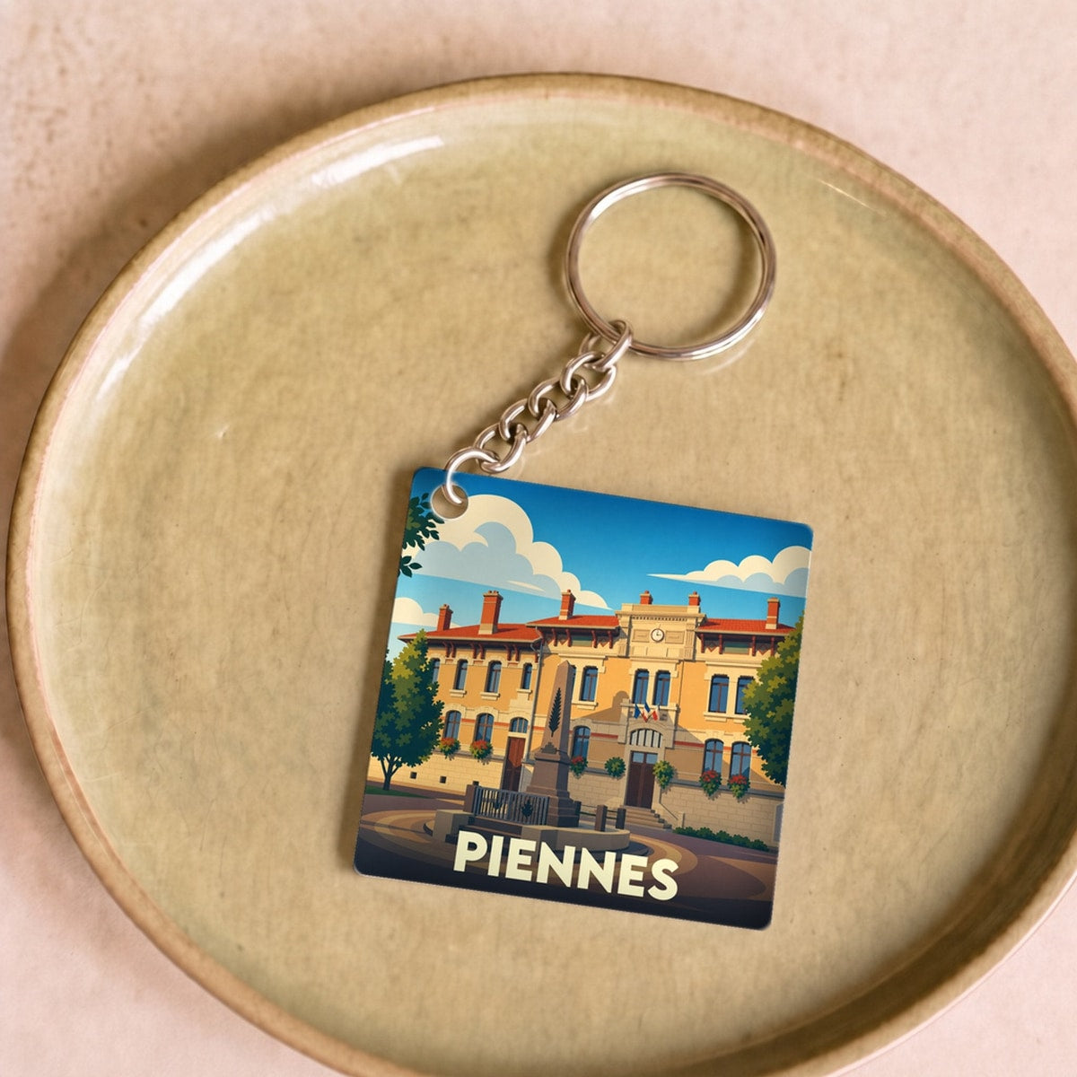 Porte-clés souvenir de la ville de Piennes avec une illustration stylisée.