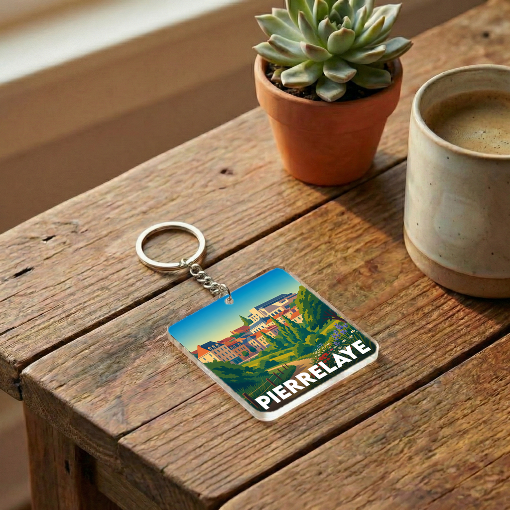 Porte-clés souvenir de la ville de Pierrelaye avec une illustration stylisée.