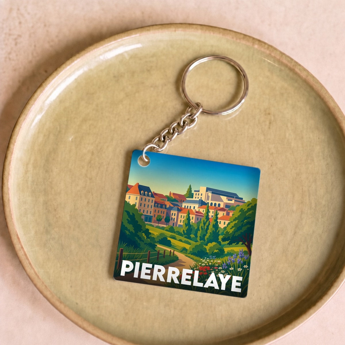 Porte-clés souvenir de la ville de Pierrelaye avec une illustration stylisée.