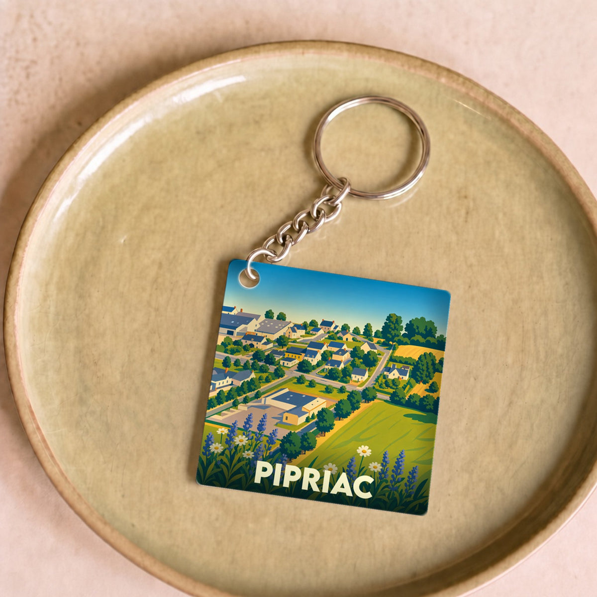 Porte-clés souvenir de la ville de Pipriac avec une illustration stylisée d'un paysage urbain et champêtre.