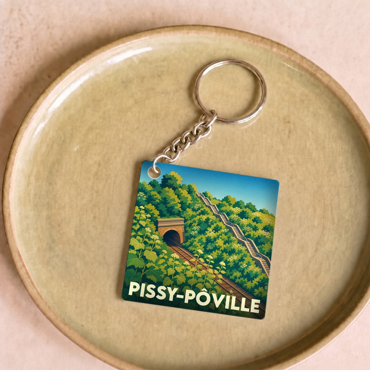 Porte-clés souvenir de la ville de Pissy-Pôville avec une illustration stylisée d'un tunnel ferroviaire dans la verdure.