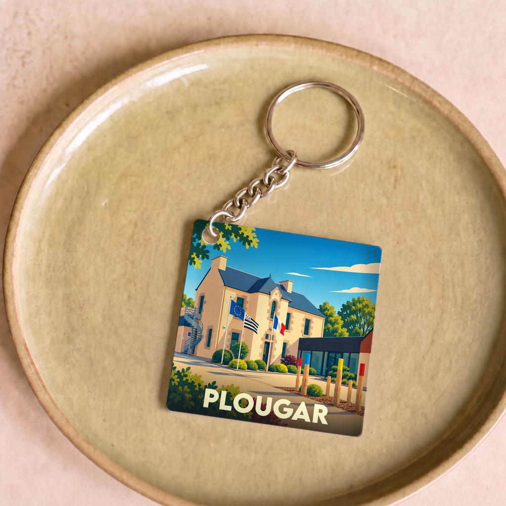 Porte-clés souvenir de la ville de Plougar avec une illustration colorée et stylisée de sa mairie.