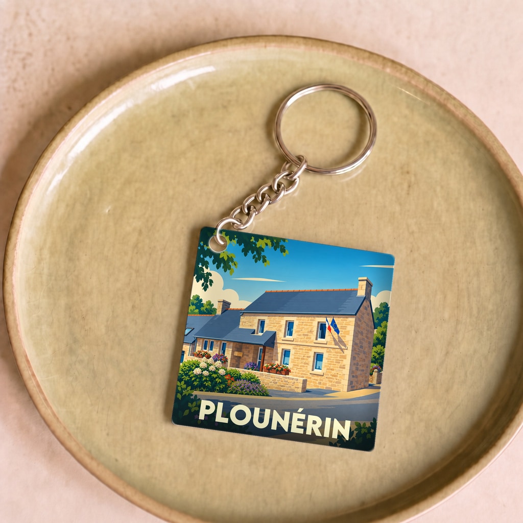 Porte-clés souvenir de la ville de Plounérin avec une illustration stylisée d'une maison traditionnelle.