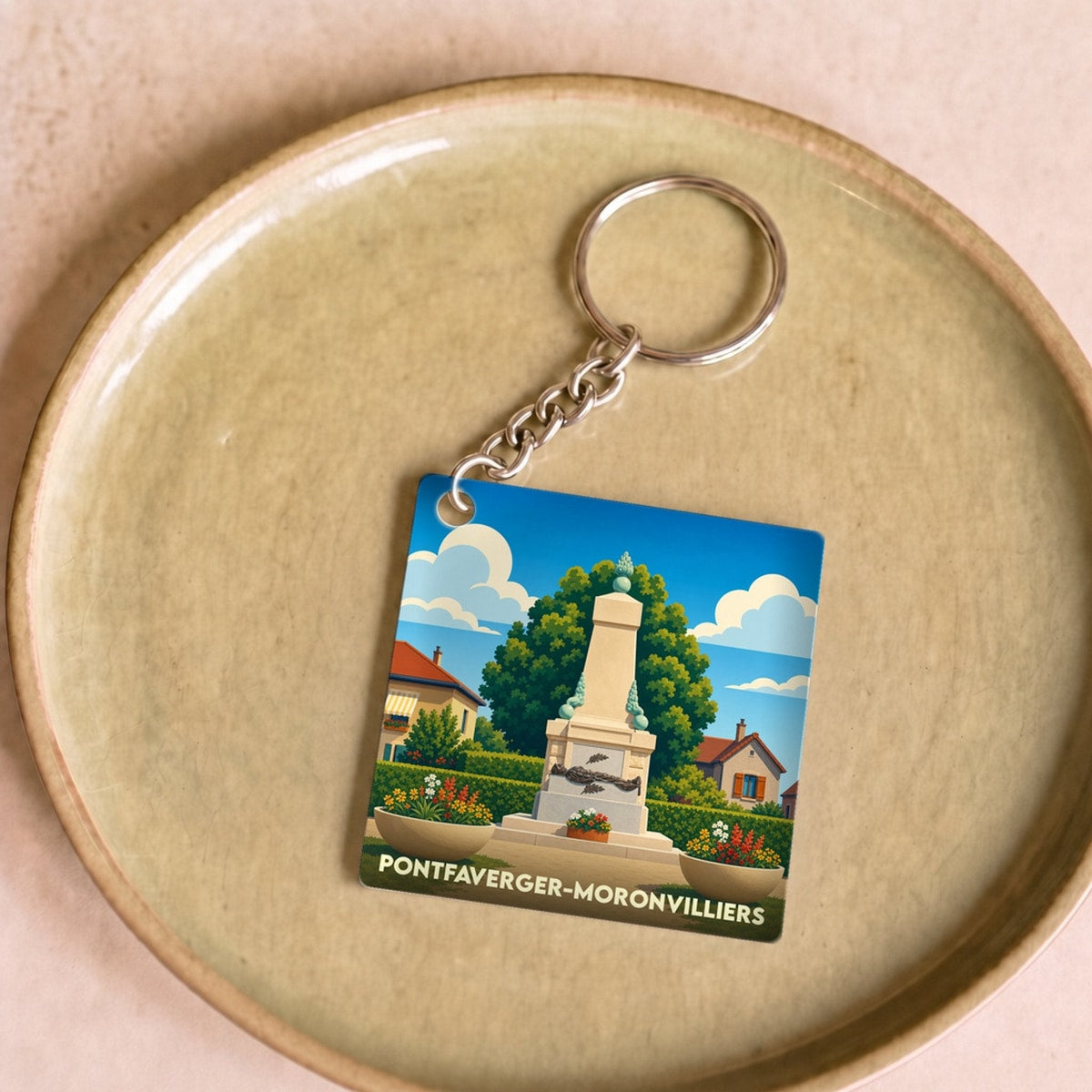 Porte-clés souvenir de la ville de Pontfaverger-Moronvilliers avec une illustration stylisée.