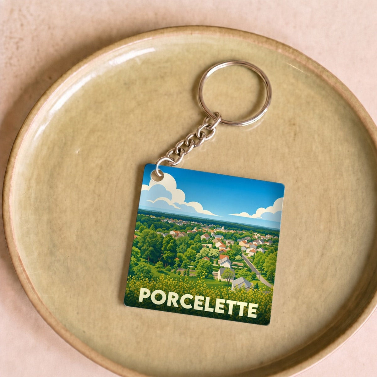 Porte-clés souvenir de la ville de Porcelette avec une illustration stylisée et colorée.