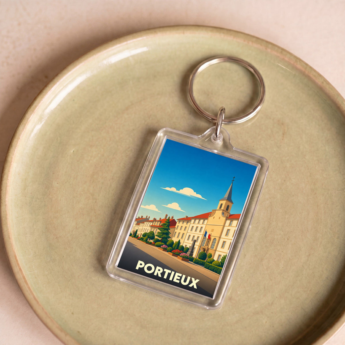 Porte-clés souvenir de la ville de Portieux avec une illustration stylisée.