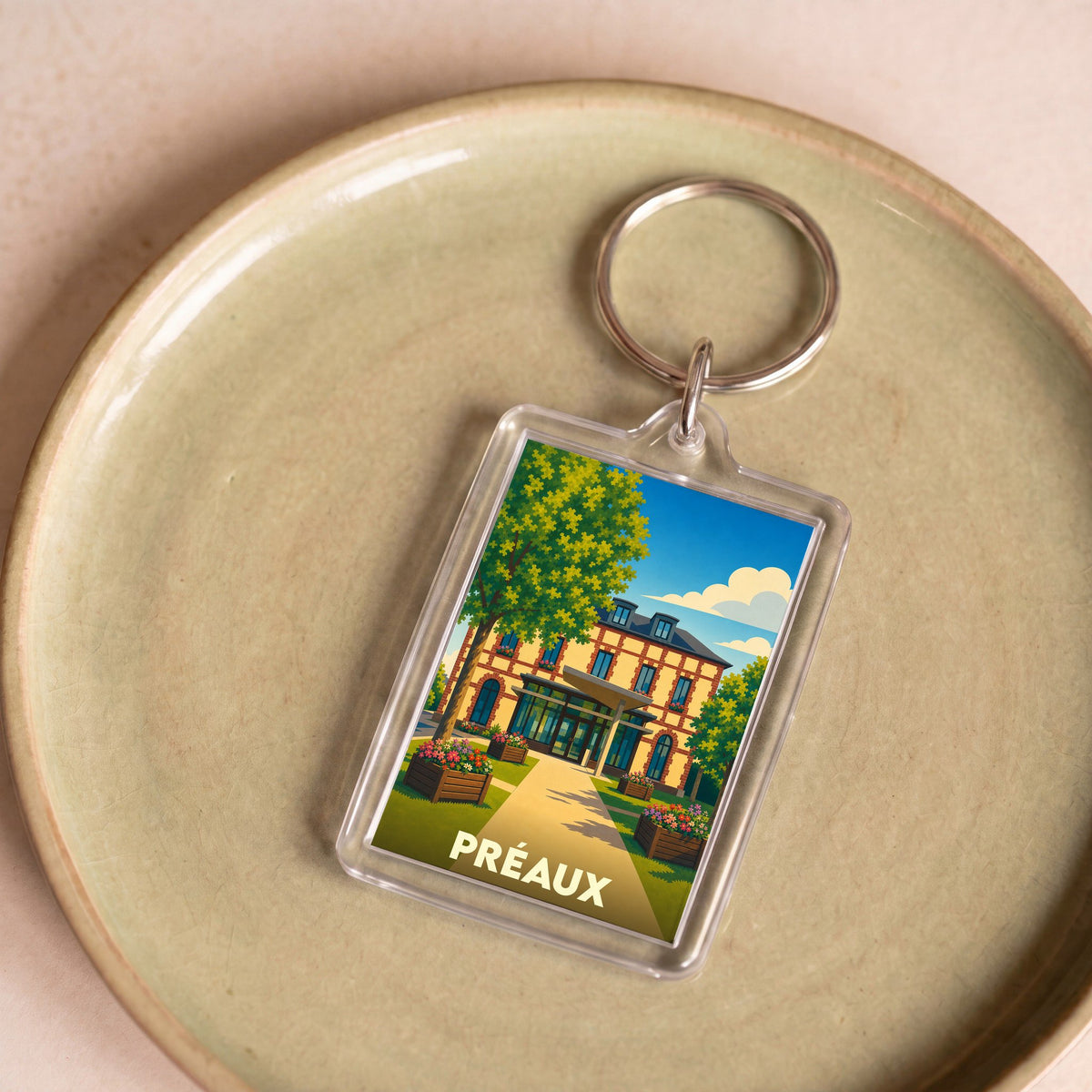 Porte-clés souvenir de la ville de Préaux avec une illustration stylisée.