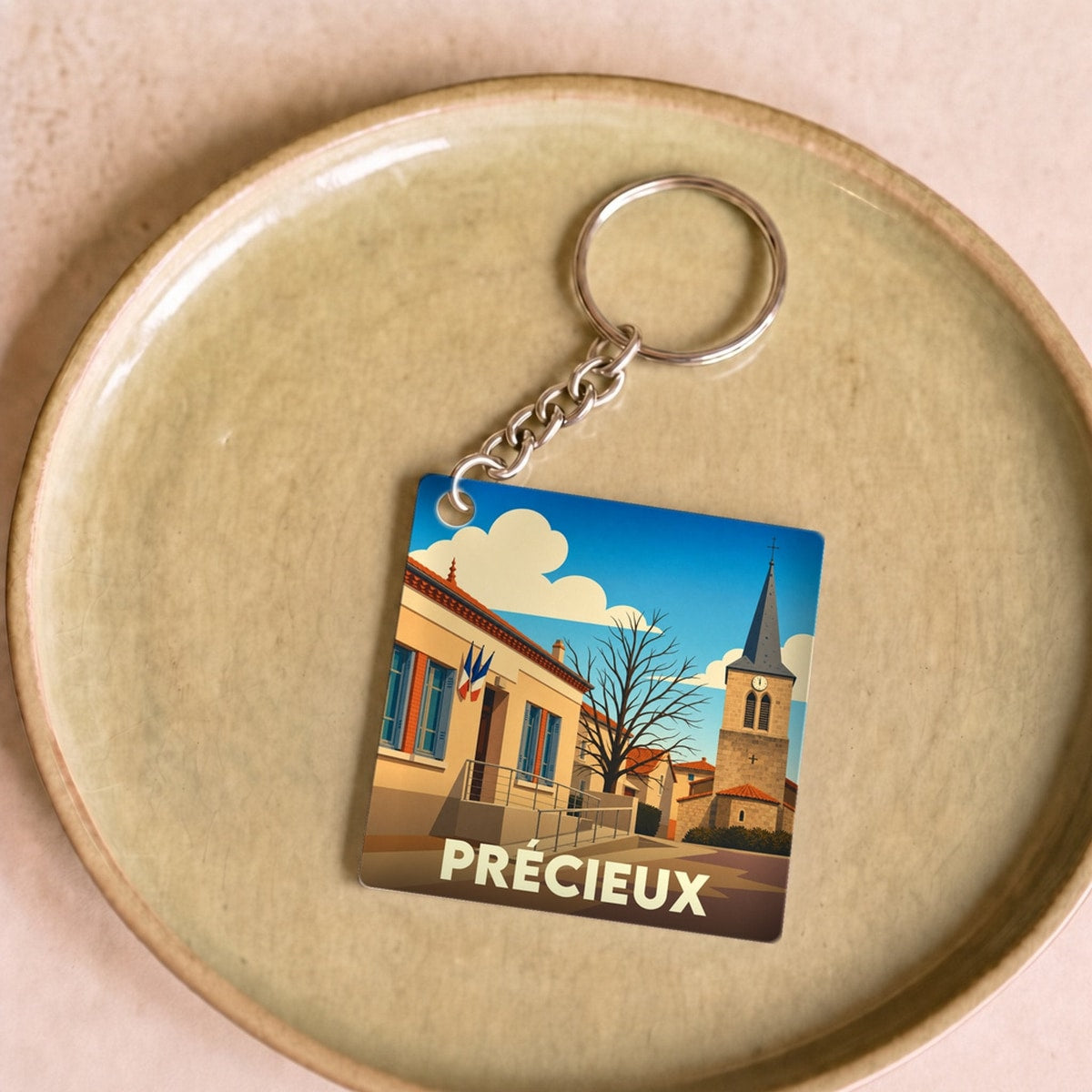 Porte-clés souvenir de la ville de Précieux avec une illustration stylisée.