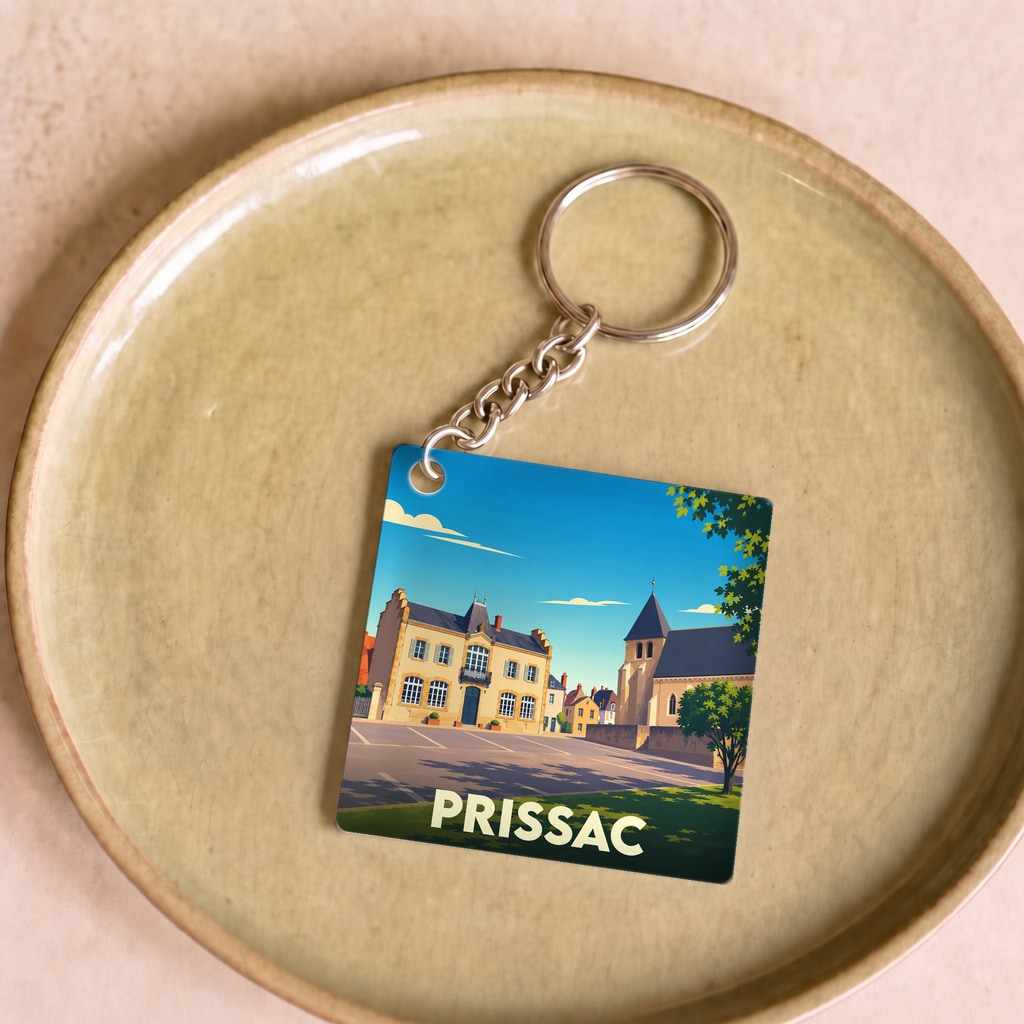Porte-clés souvenir de la ville de Prissac avec une illustration stylisée.
