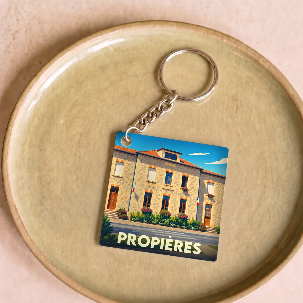 Porte-clés souvenir de la ville de Propières avec une illustration stylisée de sa mairie.