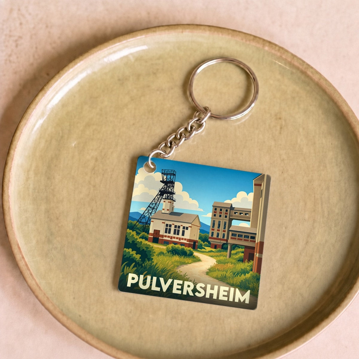 Porte-clés souvenir de la ville de Pulversheim avec une illustration stylisée de son patrimoine industriel.