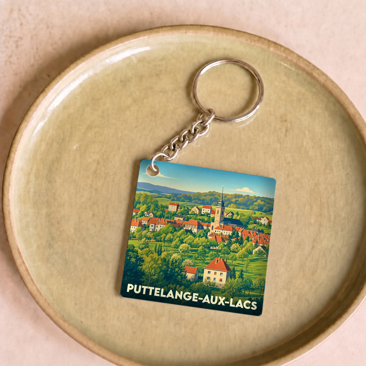 Porte-clés souvenir de la ville de Puttelange-aux-Lacs avec une illustration stylisée.