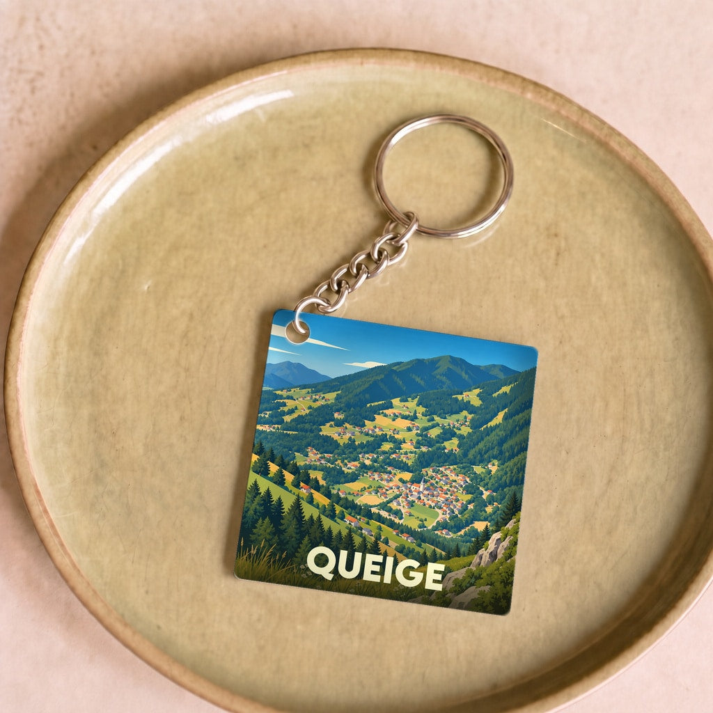 Porte-clés souvenir de la ville de Queige avec une illustration stylisée de son paysage montagneux.