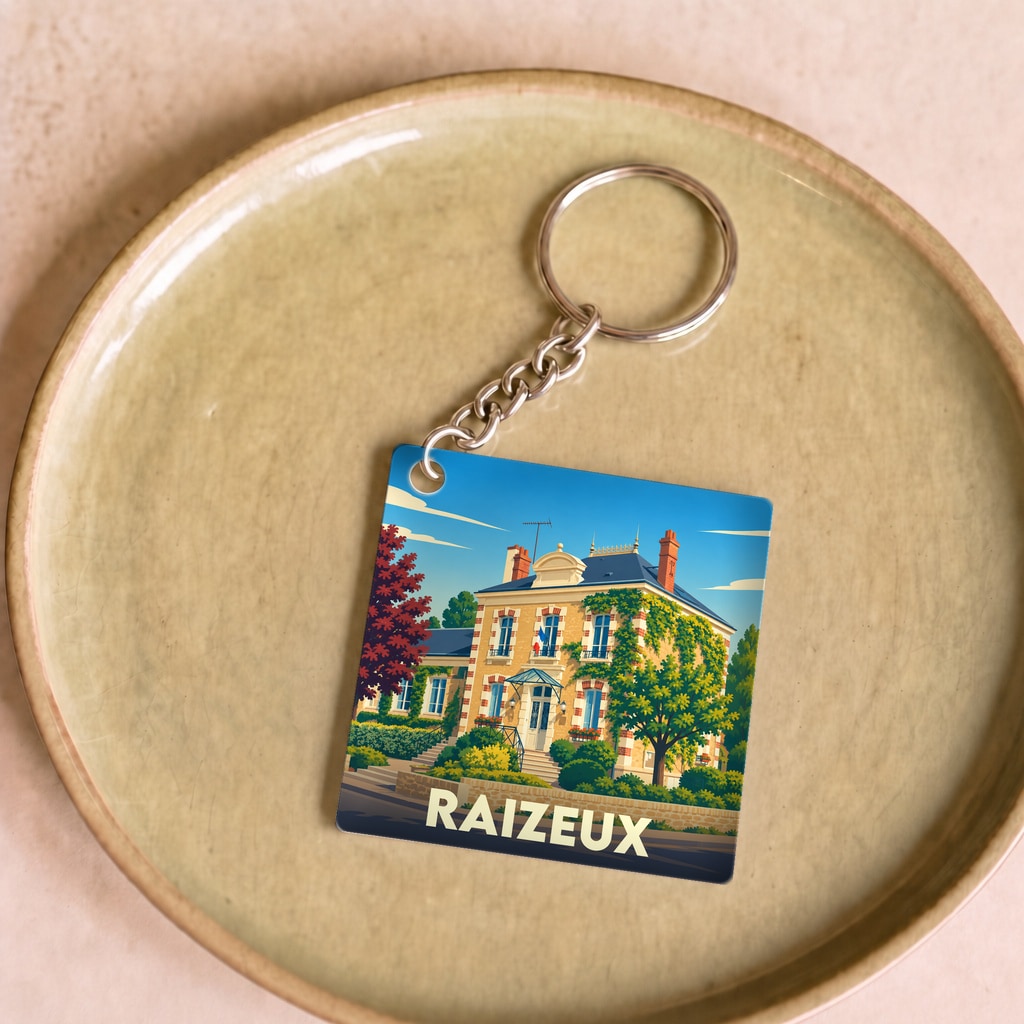 Porte-clés souvenir de la ville de Raizeux avec une illustration stylisée de sa mairie.