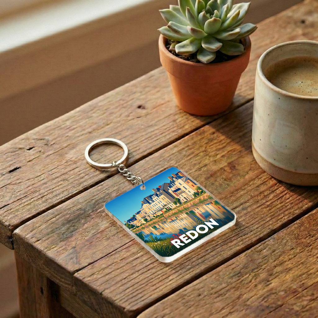 Porte-clés souvenir de la ville de Redon avec une illustration stylisée des bords de la Vilaine.