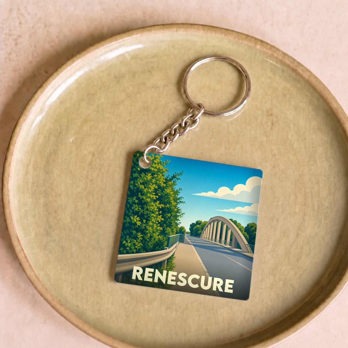 Porte-clés souvenir de la ville de Renescure avec une illustration stylisée d'un pont routier.