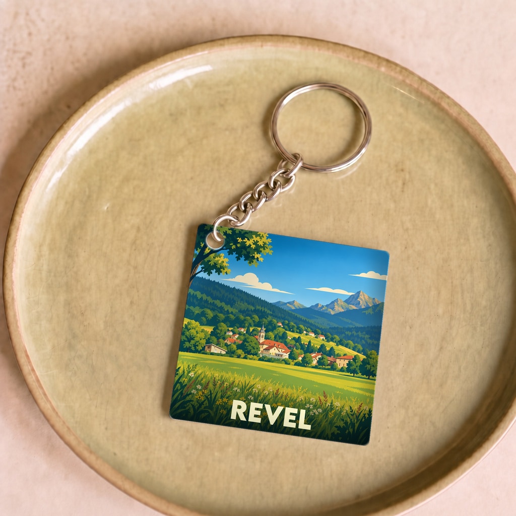 Porte-clés souvenir de la ville de Revel avec une illustration stylisée d'un paysage de montagne.