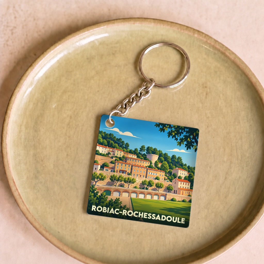 Porte-clés souvenir de la ville de Robiac-Rochessadoule avec une illustration stylisée.