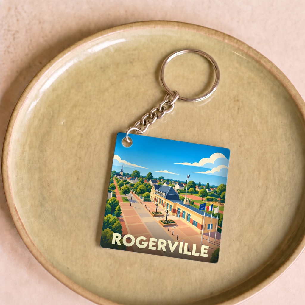 Porte-clés souvenir de la ville de Rogerville avec une illustration stylisée et colorée.