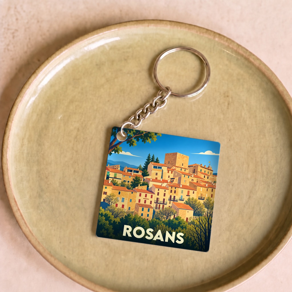 Porte-clés souvenir de la ville de Rosans avec une illustration stylisée d'un village provençal.