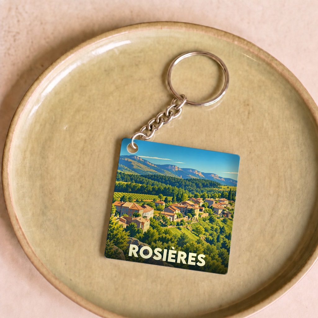 Porte-clés souvenir de la ville de Rosières avec une illustration stylisée d'un village provençal niché dans la vallée.