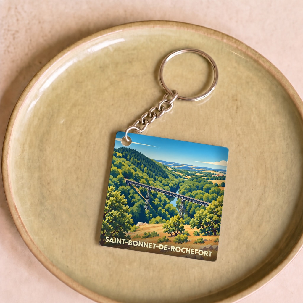 Porte-clés souvenir de Saint-Bonnet-de-Rochefort avec une illustration stylisée d'un viaduc dans un paysage verdoyant.