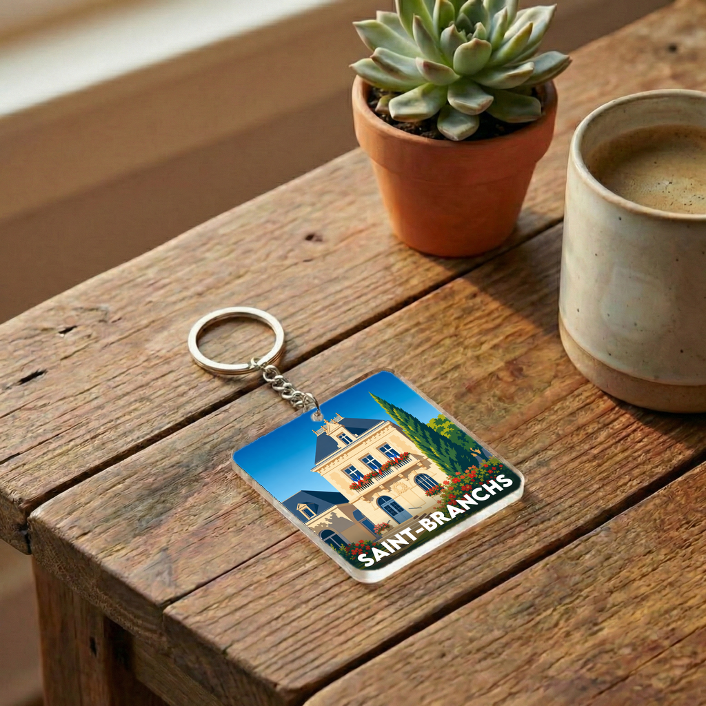 Porte-clés souvenir de la ville de Saint-Branchs avec une illustration stylisée.
