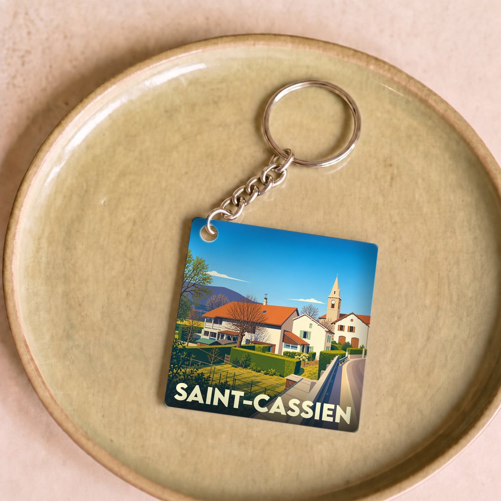 Porte-clés souvenir de la ville de Saint-Cassien avec une illustration stylisée d'un village provençal.