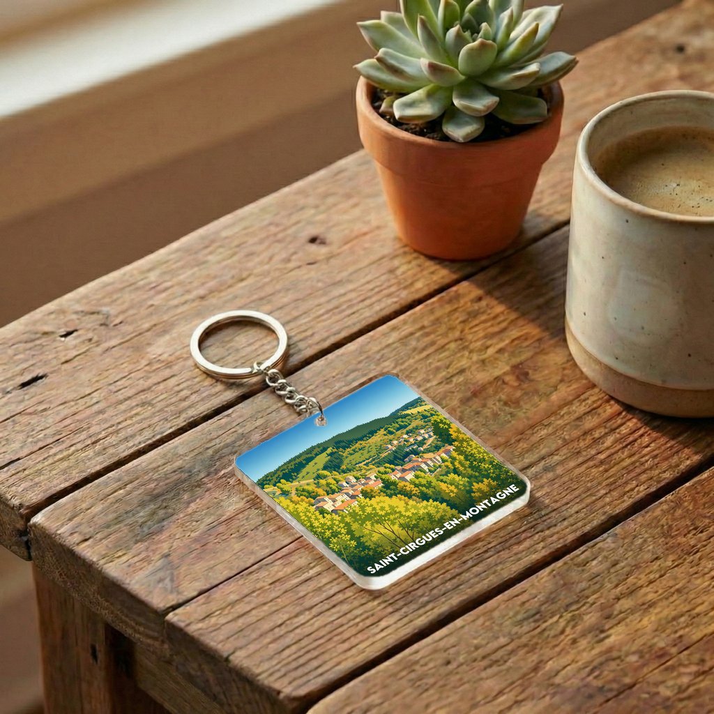 Porte-clés souvenir de la ville de Saint-Cirgues-en-Montagne avec une illustration stylisée.