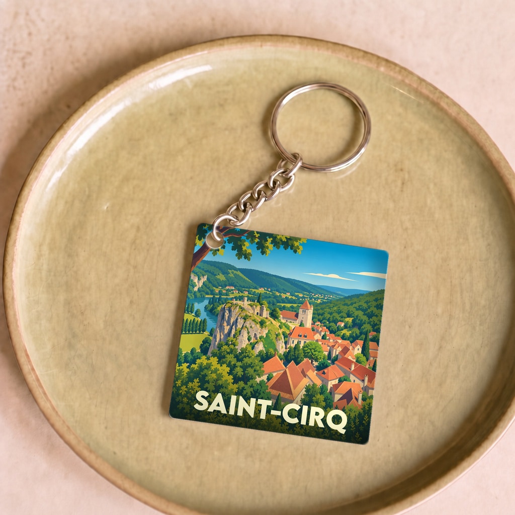 Porte-clés souvenir de la ville de Saint-Cirq avec une illustration stylisée.