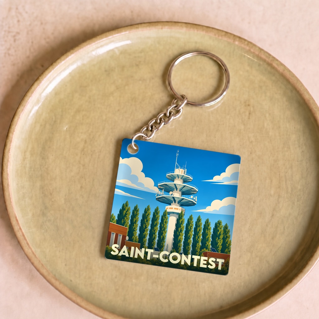 Porte-clés souvenir de la ville de Saint-Contest avec une illustration stylisée de son château d'eau.