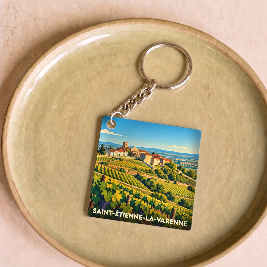 Porte-clés souvenir de la ville de Saint-Étienne-la-Varenne avec une illustration stylisée de son vignoble.