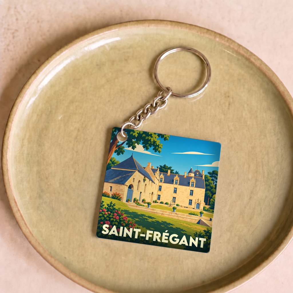 Porte-clés souvenir de la ville de Saint-Frégant avec une illustration stylisée de son patrimoine.