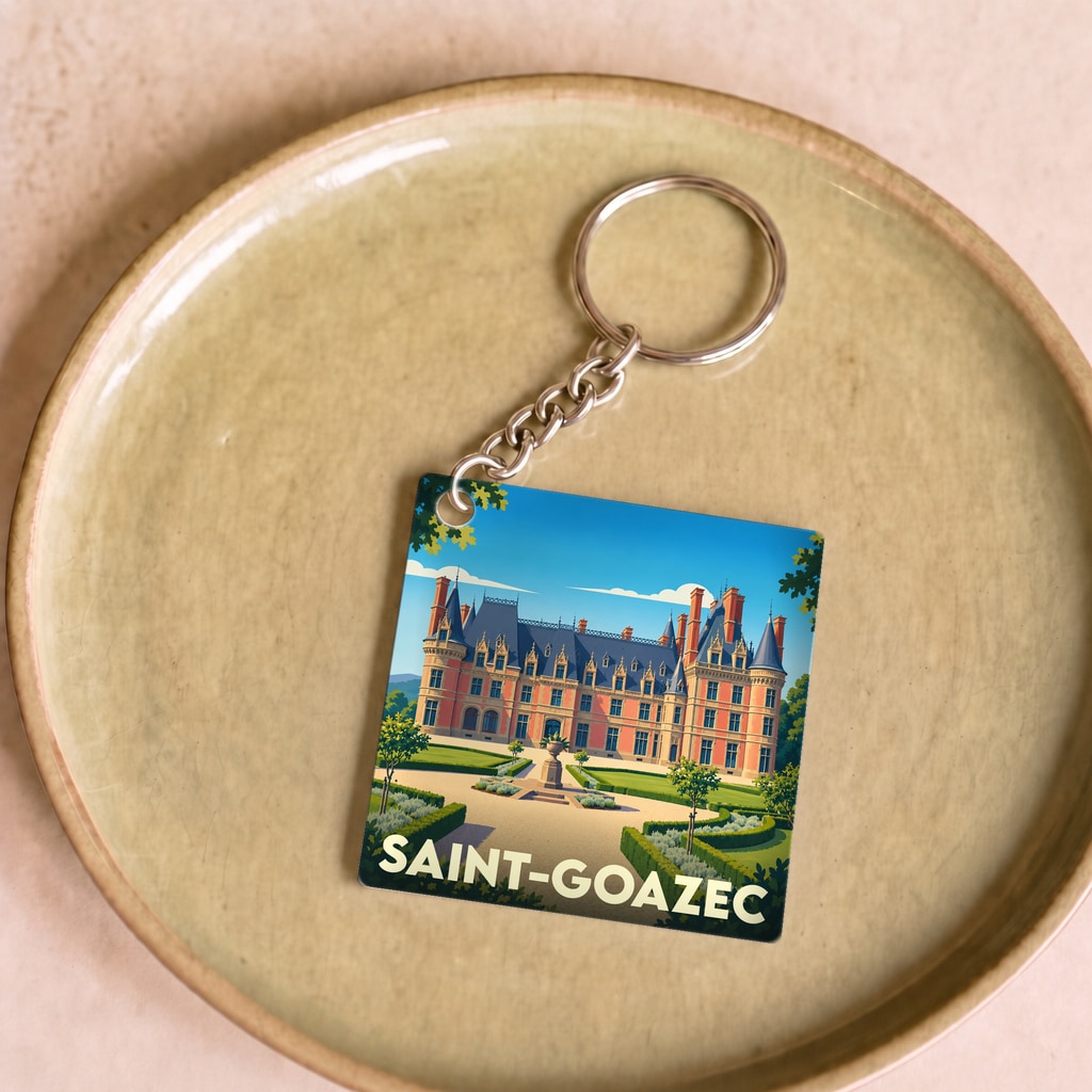 Porte-clés souvenir de la ville de Saint-Goazec avec une illustration stylisée de son château.