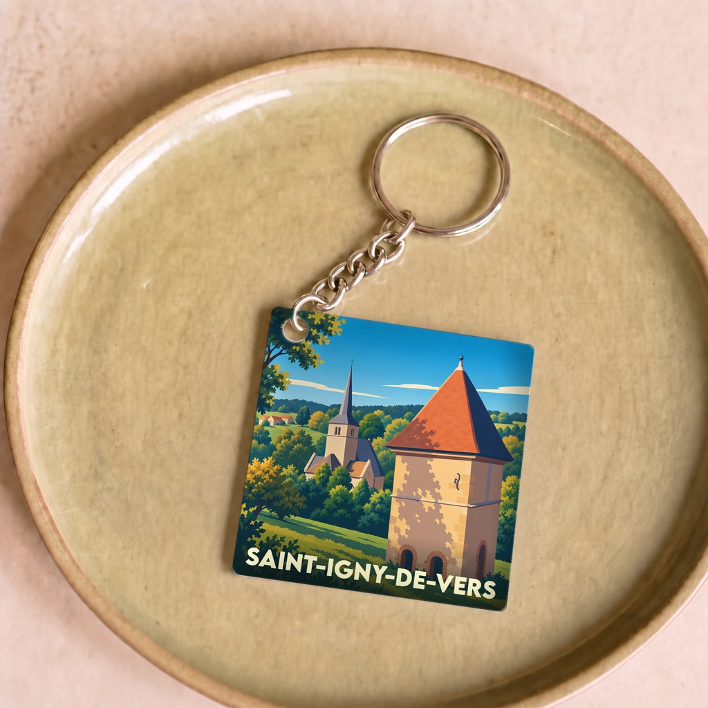 Porte-clés souvenir de la ville de Saint-Igny-de-Vers avec une illustration paysagère stylisée.
