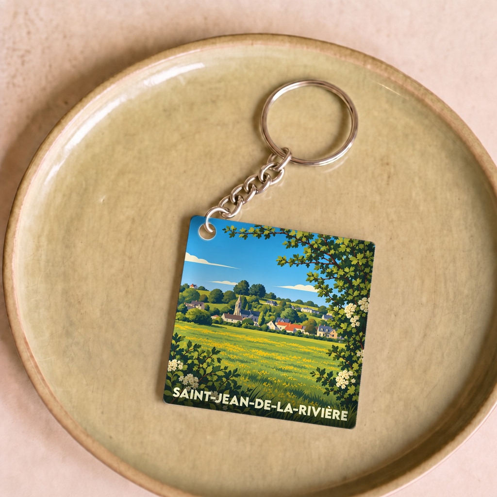 Porte-clés souvenir de la ville de Saint-Jean-de-la-Rivière avec une illustration stylisée d'un paysage de campagne.