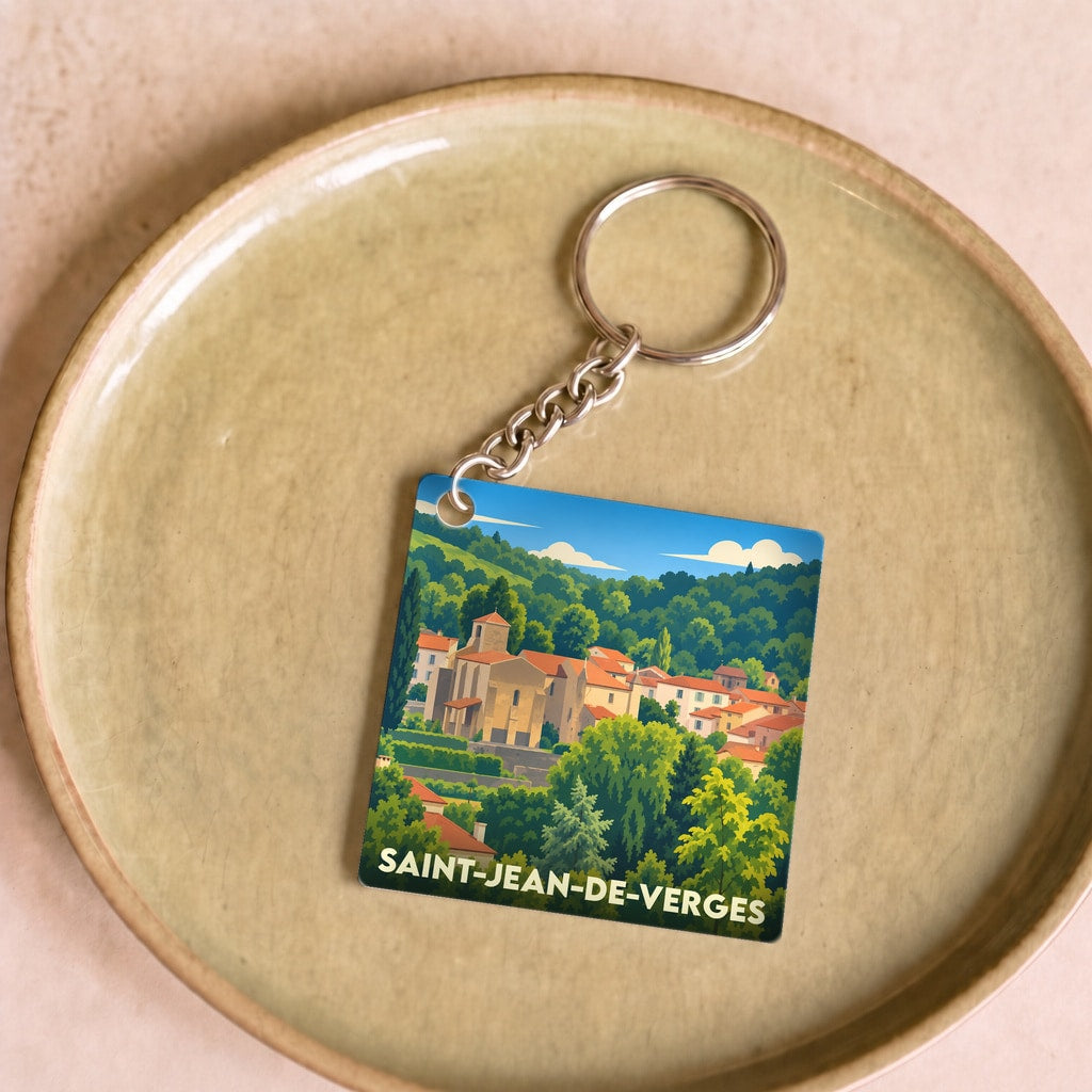 Porte-clés souvenir de la ville de Saint-Jean-de-Verges avec une illustration stylisée.