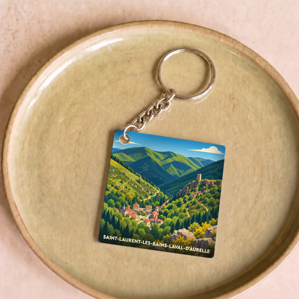 Porte-clés souvenir de Saint-Laurent-les-Bains-Laval-d'Aurelle avec une illustration stylisée de la vallée et du village.