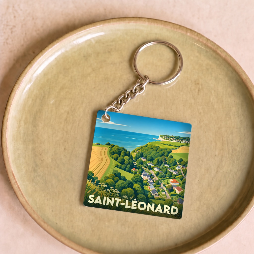 Porte-clés souvenir de la ville de Saint-Léonard avec une illustration stylisée de son paysage côtier.