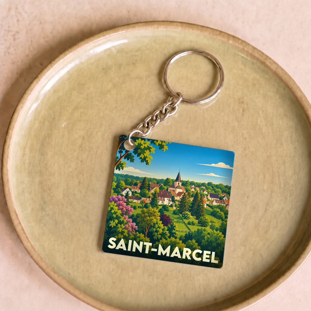 Porte-clés souvenir de la ville de Saint-Marcel avec une illustration stylisée d'un village verdoyant et de son église.