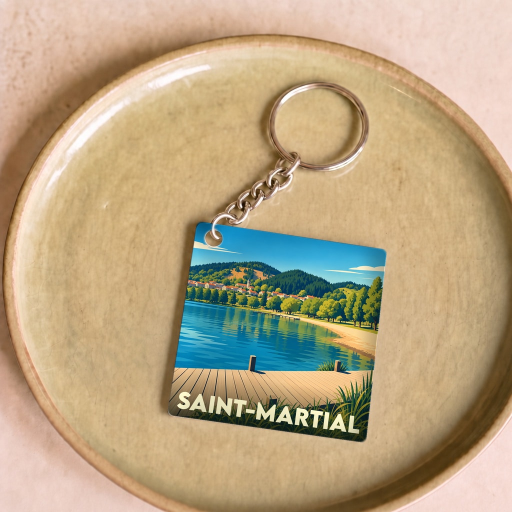 Porte-clés souvenir de la ville de Saint-Martial avec une illustration stylisée de son lac.