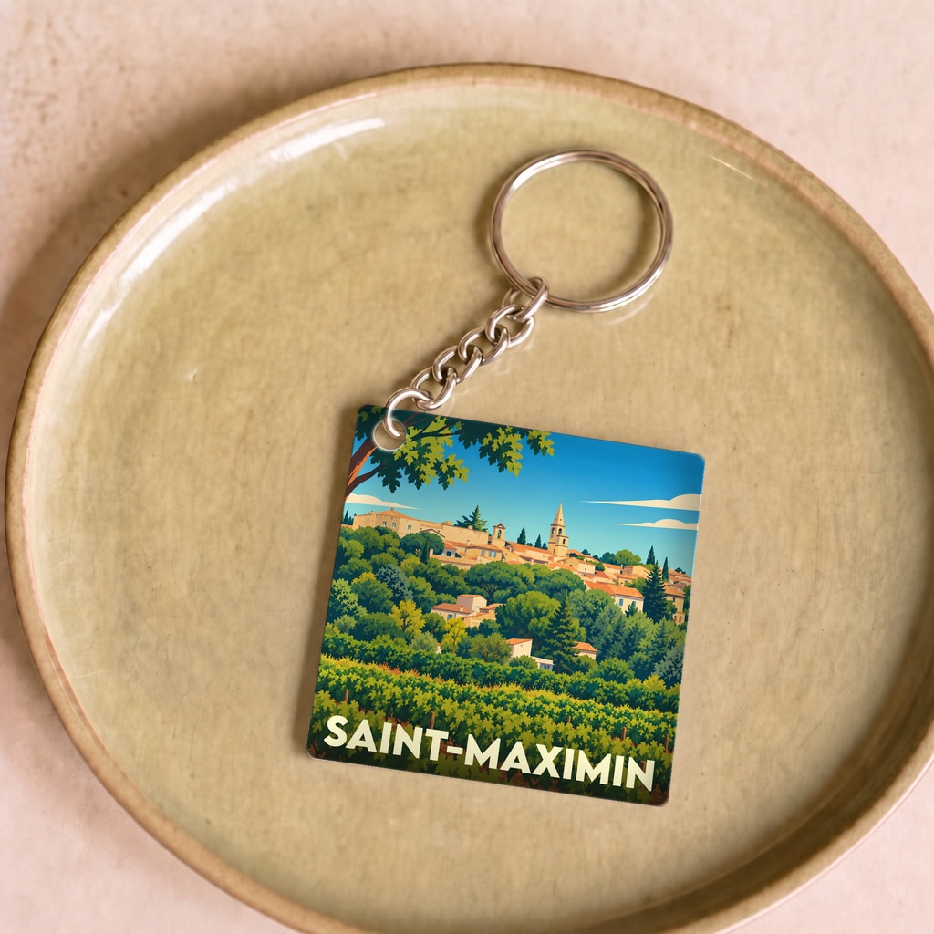Porte-clés souvenir de la ville de Saint-Maximin avec une illustration stylisée d'un village provençal niché dans la verdure.