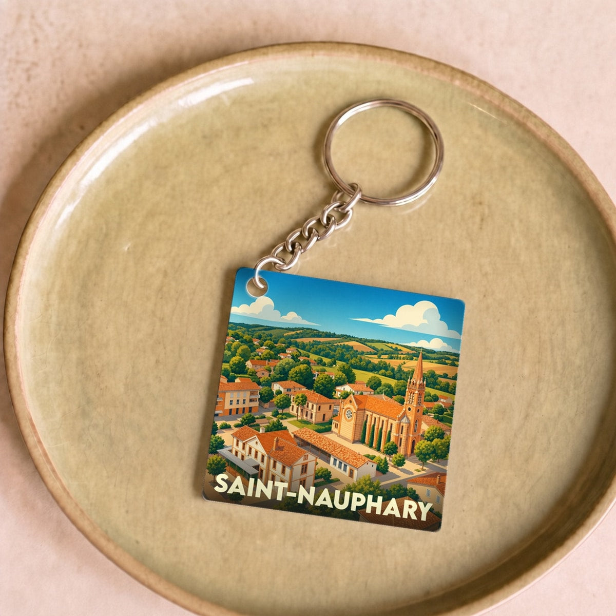 Porte-clés souvenir de la ville de Saint-Nauphary avec une illustration stylisée.