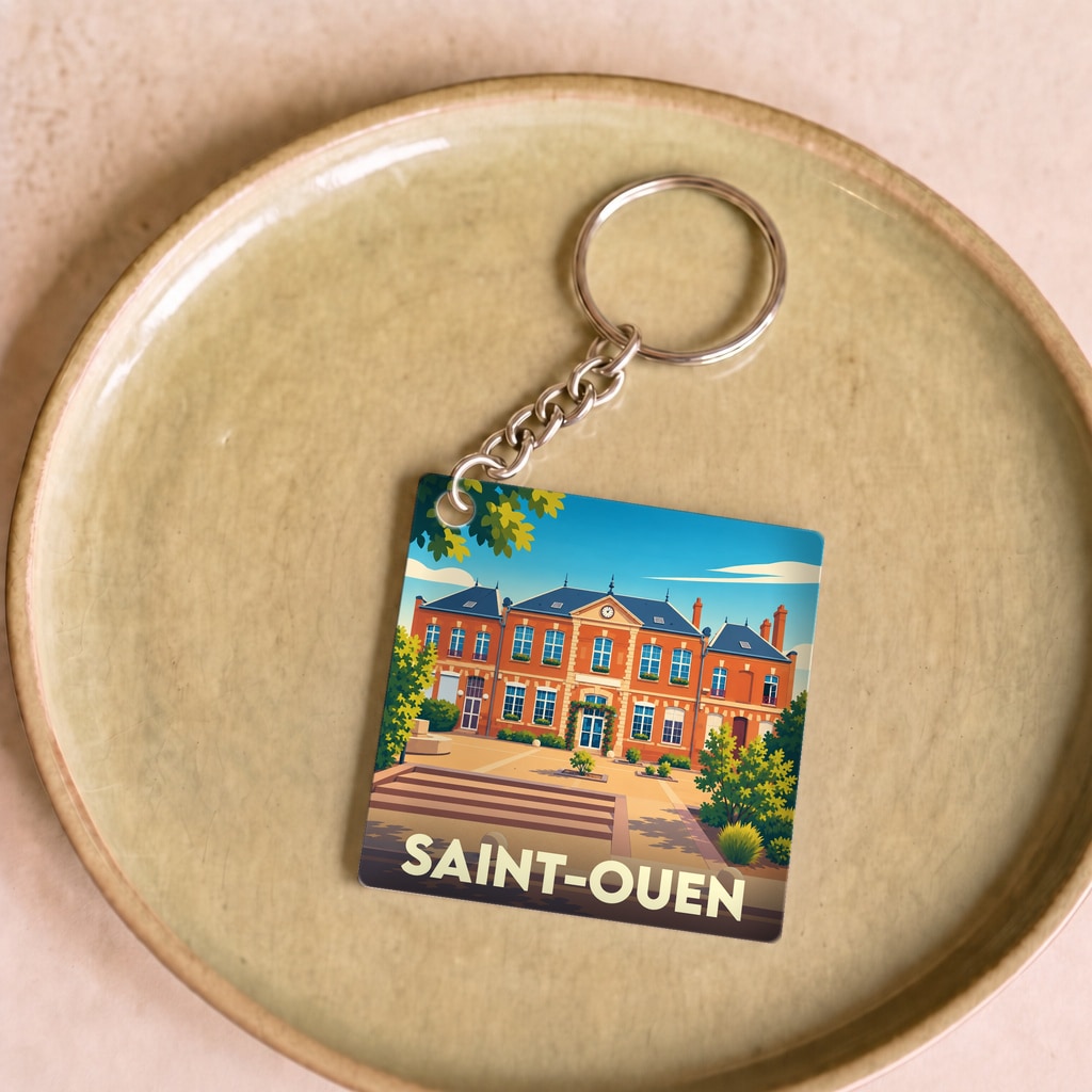 Porte-clés souvenir de la ville de Saint-Ouen avec une illustration colorée et stylisée de sa mairie.