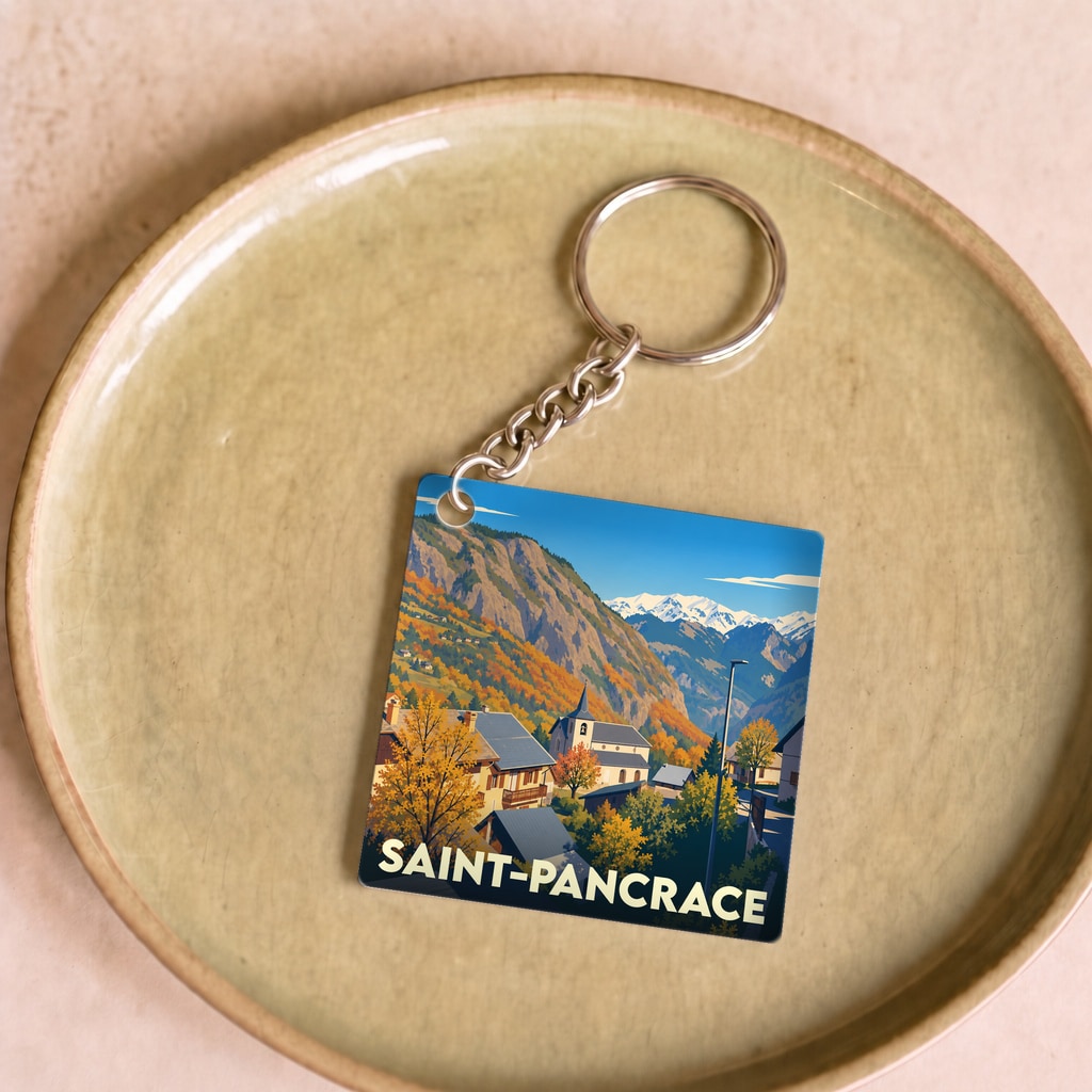 Porte-clés souvenir de la ville de Saint-Pancrace avec une illustration stylisée d'un village de montagne.