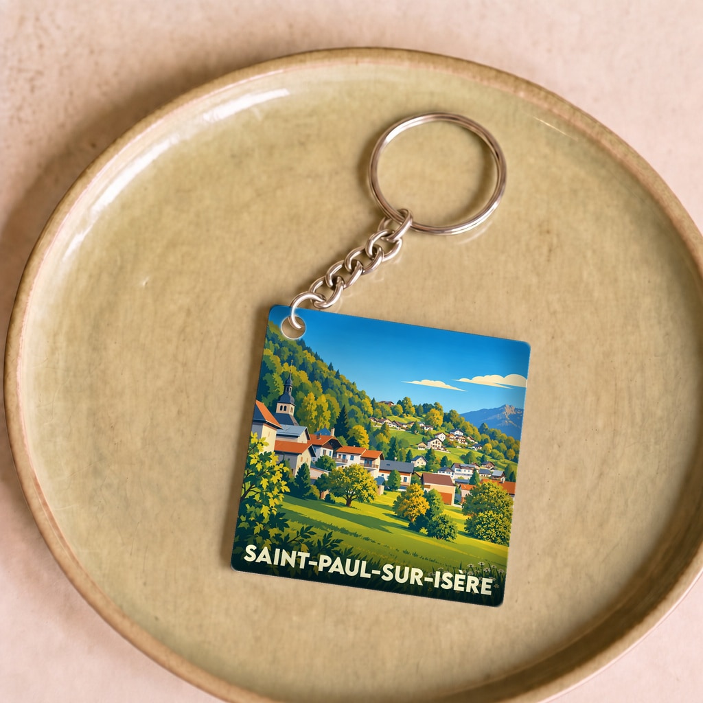 Porte-clés souvenir de la ville de Saint-Paul-sur-Isère avec une illustration paysagère stylisée.