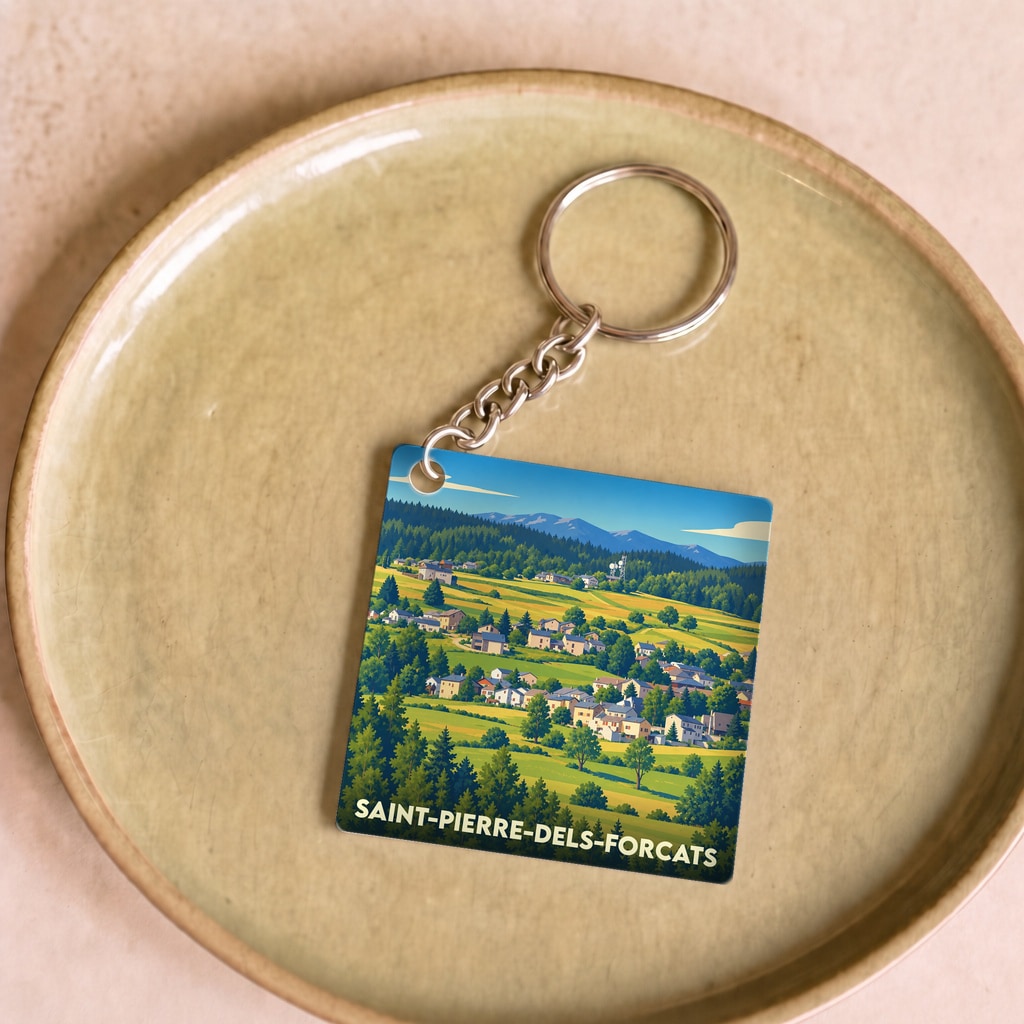 Porte-clés souvenir de la ville de Saint-Pierre-dels-Forcats avec une illustration de paysage de montagne.
